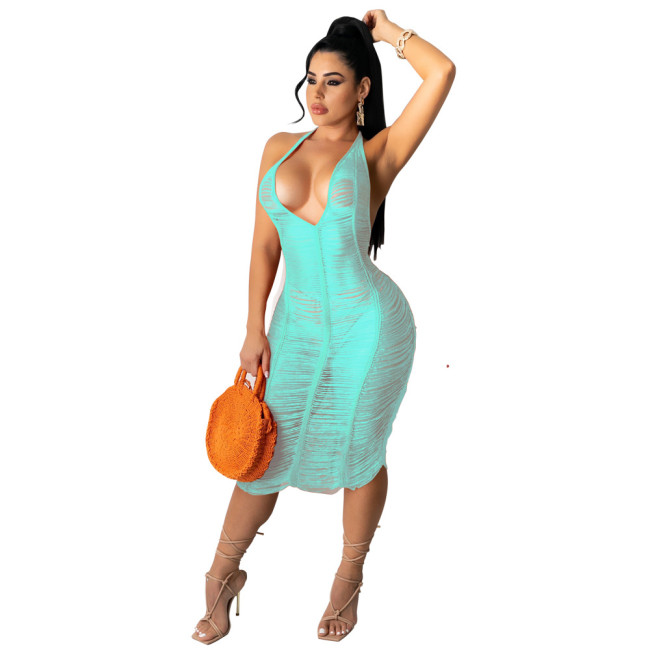 Light Blue Hollow Out See Through Ripped Halter Beach Dress Cover Up
