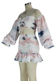 Tie Dye Long Sleeve Ruffle Ruched Crop Top and Mini Skirt Set