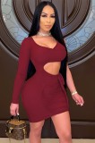 See Through Red Cut Out Mini Bodycon Dress with Single Sleeve