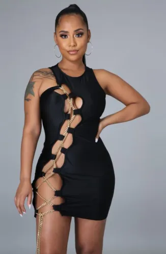Black Lace-Up Chain Sleeveless Mini Bodycon Dress