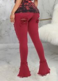 Red High Waist Ripped Flare Jeans