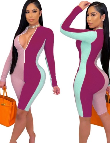 Sexy Colorblock Long Sleeve Ribbed Zip Up Bodycon Rompers