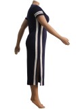 Plus Size Navy Slit Long Dress with Side Stripes(Without Belt)