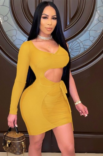 See Through Yellow Cut Out Mini Bodycon Dress with Single Sleeve