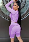 Contrast Long Sleeve Crop Top and Shorts 2PC Sports Suits