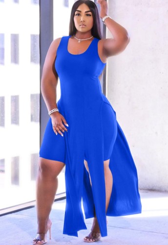 Blue Sleeveless Long SlitTop and Tight Shorts 2PCS Outfits