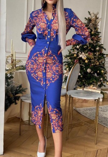 Button Up Retro Print Long Sleeve Midi Dress