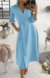 Trendy Blue Collar Wrap Skater Dress with 3/4 Sleeves