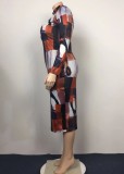 Plus Size Long Sleeve Colorful Print Midi Dress