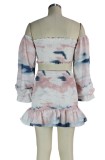 Tie Dye Long Sleeve Ruffle Ruched Crop Top and Mini Skirt Set