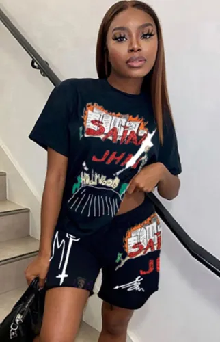 Leisure Print Black T-Shirt and Shorts 2PCS Set