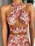Floral Wrap Around Halter Crop Top and Drawstrings Mini Skirt Set