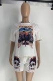 Casual Two Piece Set Print White Tee and Matching Shorts