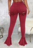 Red High Waist Ripped Flare Jeans
