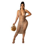 Khaki Hollow Out See Through Ripped Halter Beach Dress Cover Up