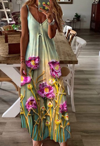 Sexy Casual Floral Cami V-Neck Maxi Dress