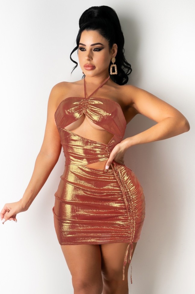 Hot Sale Sexy Metallic Cut Out Ruched Strapless Club Dress