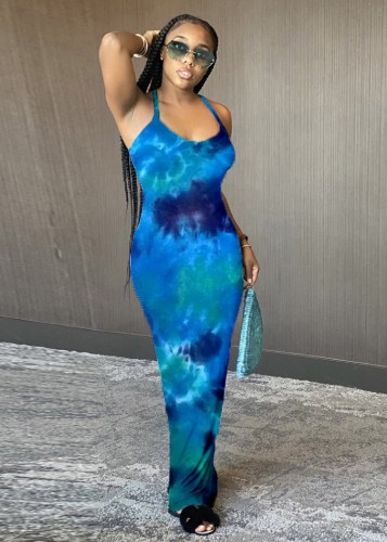 Tie Dye Sexy Halter Maxi Dress