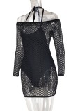 Sexy Black Cami Bodysuit with Matching Fishnet Dress 2PCS Set