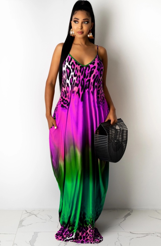 Gradient Leopard Print Colorful Cami Loose Maxi Dress