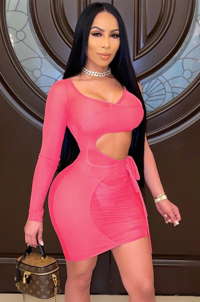 See Through Pink Cut Out Mini Bodycon Dress with Single Sleeve