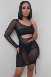 See Through Black Cut Out Mini Bodycon Dress with Single Sleeve