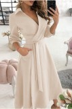 Trendy Beige Collar Wrap Skater Dress with 3/4 Sleeves