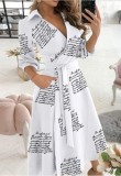 Trendy Letter Print Collar Wrap Skater Dress with 3/4 Sleeves