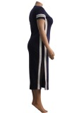 Plus Size Navy Slit Long Dress with Side Stripes(Without Belt)