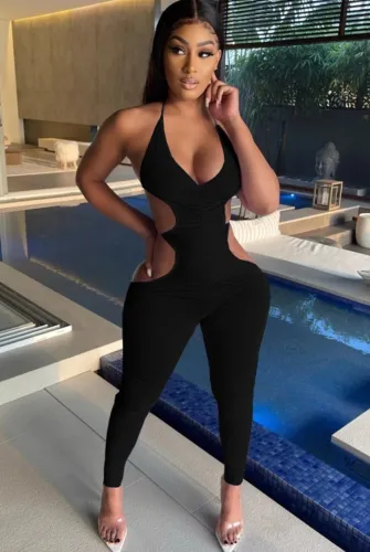 Hollow Out Solid Ruched Halter Bodycon Jumpsuit