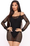 Sexy Black Cami Bodysuit with Matching Fishnet Dress 2PCS Set