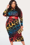 Plus Size Colorful Print Long Sleeve Bodycon Midi Dress