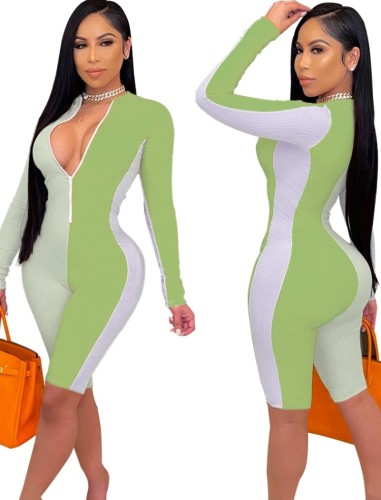 Sexy Colorblock Long Sleeve Ribbed Zip Up Bodycon Rompers