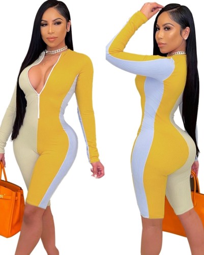 Sexy Colorblock Long Sleeve Ribbed Zip Up Bodycon Rompers