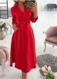 Trendy Red Collar Wrap Skater Dress with 3/4 Sleeves