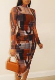 Plus Size Long Sleeve Colorful Print Midi Dress