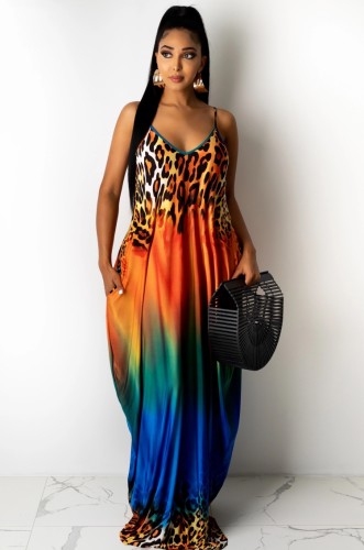 Gradient Leopard Print Colorful Cami Loose Maxi Dress