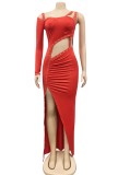 Sexy Cut Out Side Slit Single Sleeve Maxi Dress with Eyelet Detail