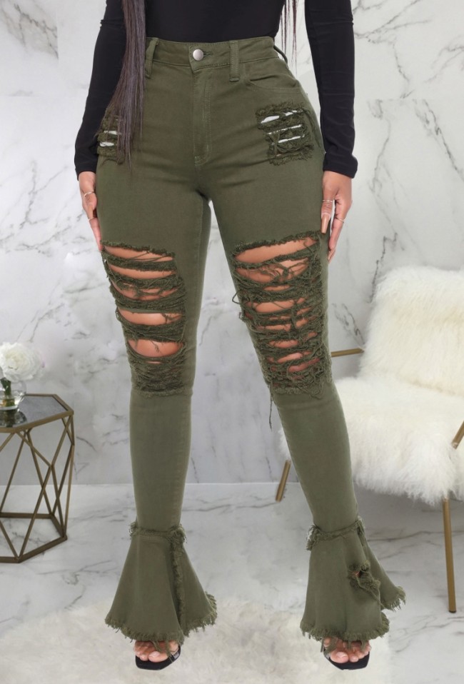 Green High Waist Ripped Flare Jeans