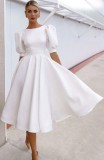 White Puff Sleeve Fit and Flare Prom Dress