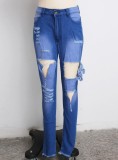 Blue Ripped Holes High Waist Jeans