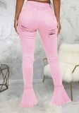 Pink High Waist Ripped Flare Jeans