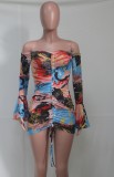 Print Sexy Off Shoulder Flare Cuff Ruched Drawstrings Mini Dress