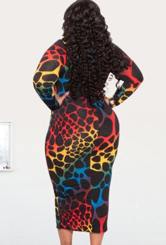 Plus Size Colorful Print Long Sleeve Bodycon Midi Dress