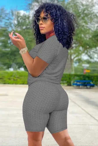 Casual Textured Print Top and Shorts Sports Suits