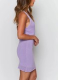 Purple Hollow Out Knitting Cross Back Mini Dress