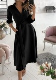Trendy Black Collar Wrap Skater Dress with 3/4 Sleeves