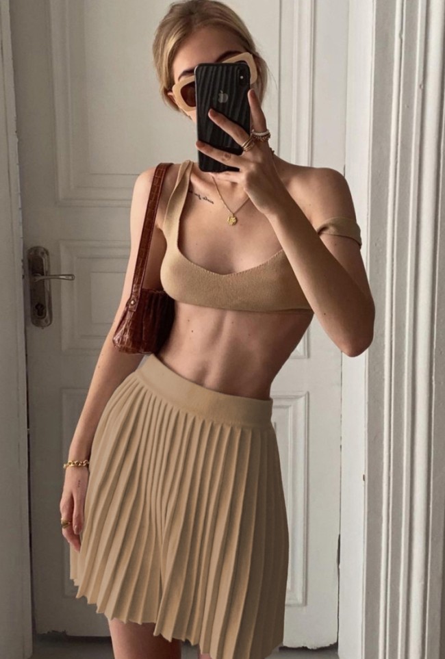 Sexy Khaki Bra Top and Pleated Skirt 2pc Set