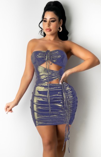 Hot Sale Sexy Metallic Cut Out Ruched Strapless Club Dress