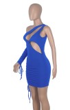 Blue Sexy Cut Out One Shoulder Drawstrings Single Sleeve Bodycon Dress